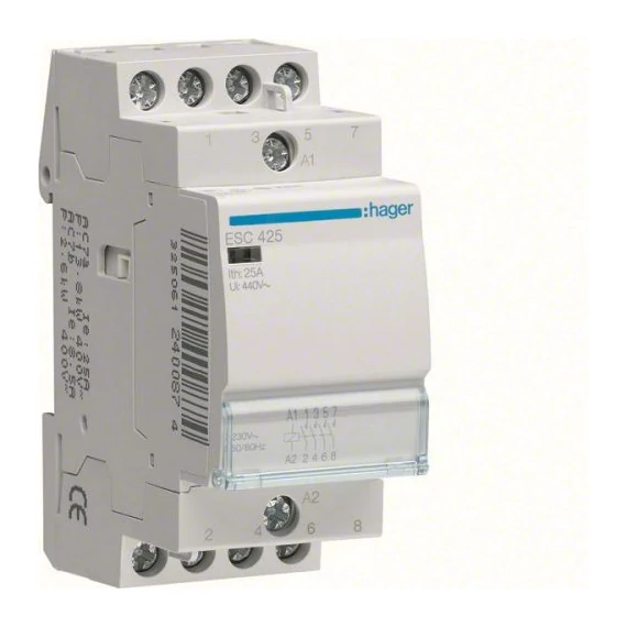 HAGER Mágneskapcsoló, 4Z, 25A, 230V AC, moduláris (ESC425)