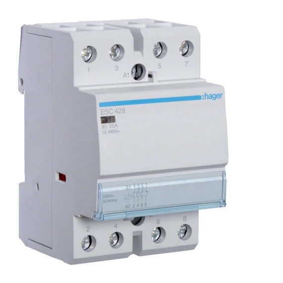 HAGER Mágneskapcsoló, 3Z+1NY, 25A, 230V AC, moduláris (ESC428)