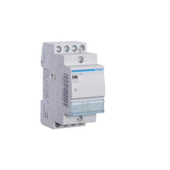 HAGER Csendes mágneskapcsoló, 3Z+1NY, 25A, 24V AC/DC, moduláris (ESD428S)