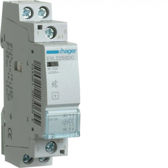HAGER Csendes mágneskapcsoló, 2Z, 25A, 12V DC, moduláris (ESL225SDC)