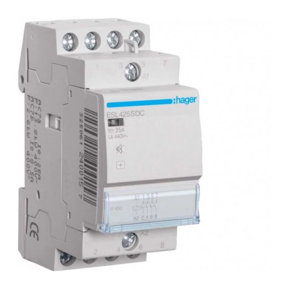 HAGER Csendes mágneskapcsoló, 4Z, 25A, 12V DC, moduláris (ESL425SDC)