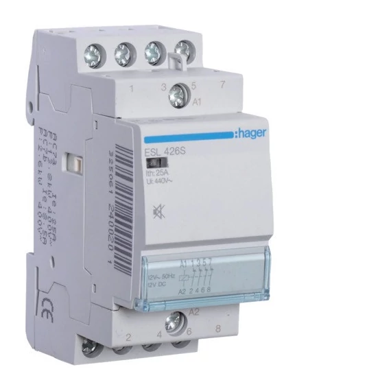 HAGER Csendes mágneskapcsoló, 4NY, 25A, 12V AC/DC, moduláris (ESL426S)