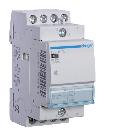 HAGER Csendes mágneskapcsoló, 2Z+2NY, 25A, 12V AC/DC, moduláris (ESL427S)