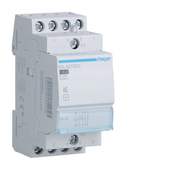 HAGER Csendes mágneskapcsoló, 2Z+2NY, 25A, 12V DC, moduláris (ESL427SDC)
