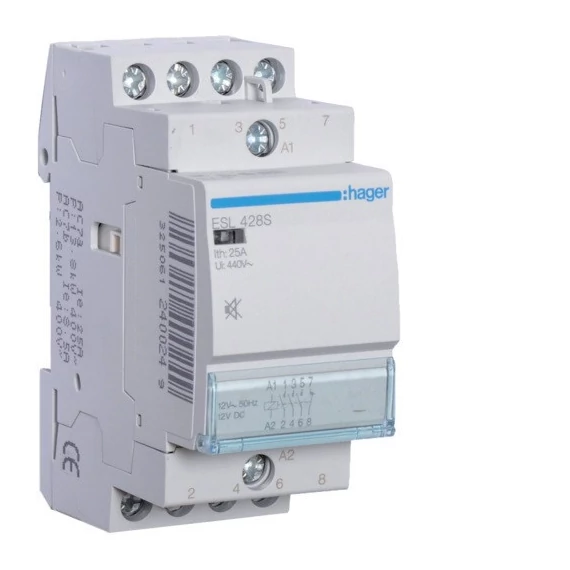 HAGER Csendes mágneskapcsoló, 3Z+1NY, 25A, 12V AC/DC, moduláris (ESL428S)