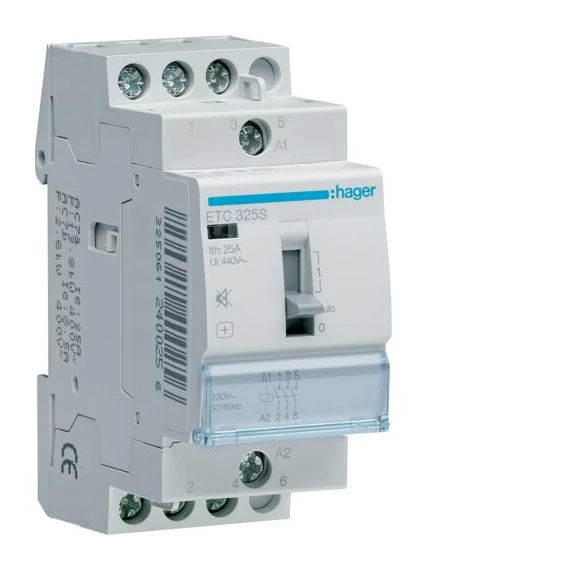 HAGER Csendes mágneskapcsoló, 3Z, 25A, 230V AC, I-0-II, moduláris, kézzel is kapcs. (ETC325S)