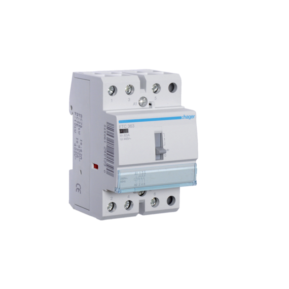HAGER Mágneskapcsoló, 3Z, 63A, 230V AC, I-0-II, moduláris, kézzel is kapcsolható (ETC363)