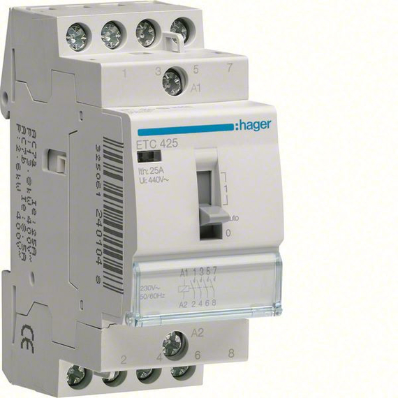 HAGER Mágneskapcsoló, 4Z, 25A, 230V AC, moduláris (ETC425)