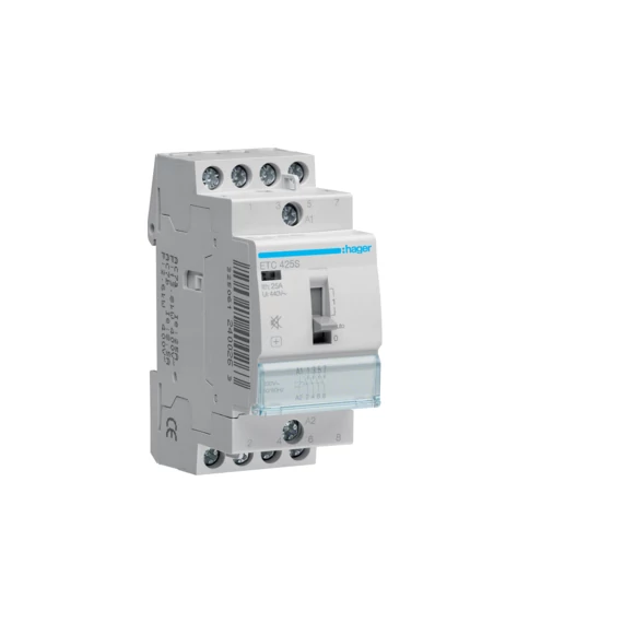 HAGER Csendes mágneskapcsoló, 4Z, 25A, 230V AC, I-0-II, moduláris, kézzel is kapcs. (ETC425S)