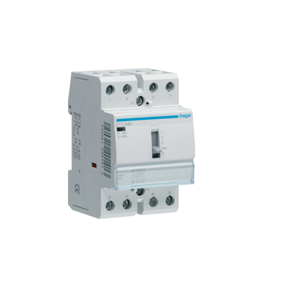HAGER Mágneskapcsoló, 4Z, 40A, 230V AC, I-0-II, moduláris, kézzel is kapcsolható (ETC440)
