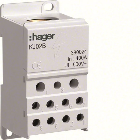 HAGER Szigetelt elosztó blokk, 1P, 400A, 1x150mm2 + 2x25 + 5x16 + 4x10mm2 (KJ02B)