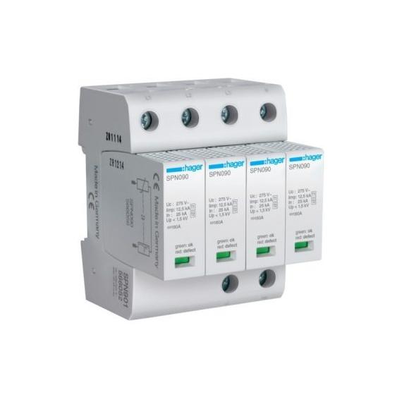 HAGER B+C Túlfeszültség levezető 4P. Dugaszolható, állapotjelző, 1,5kV, 50kA, TNS (6modul) (SPN901)