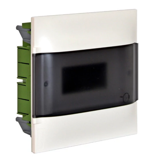 LEGRAND PractiboxS 1 sor 6 modul, téglafalba süllyeszthető kiselosztó(650°C), átlátszó füstszínű ajtóval, védőföld és nulla elosztókapoccsal (134156)