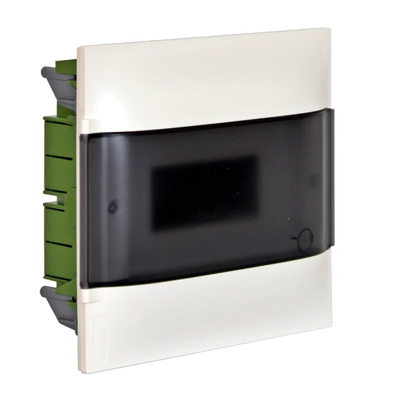 LEGRAND PractiboxS 1 sor 8 modul, téglafalba süllyeszthető kiselosztó(650°C), átlátszó füstszínű ajtóval, védőföld és nulla elosztókapoccsal (134158)