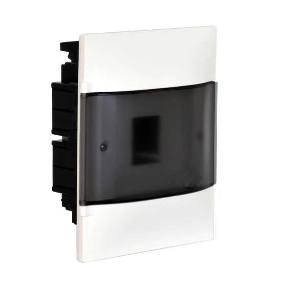LEGRAND PractiboxS 1 sor 4 modul, gipszkartonba süllyeszthető kiselosztó (850°C), átlátszó füstszínű ajtóval, védőföld és nulla elosztókapoccsal (134174)