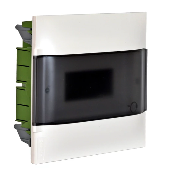 LEGRAND PractiboxS 1 sor 12 modul, téglafalba süllyeszthető kiselosztó(650°C), átlátszó füstszínű ajtóval, védőföld és nulla elosztókapoccsal (135151)