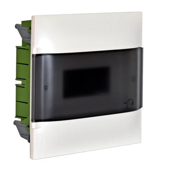 LEGRAND PractiboxS 1 sor 12 modul, gipszkartonba süllyeszthető kiselosztó(850°C), átlátszó füstszínű ajtóval, védőföld és nulla elosztókapoccsal (135171)