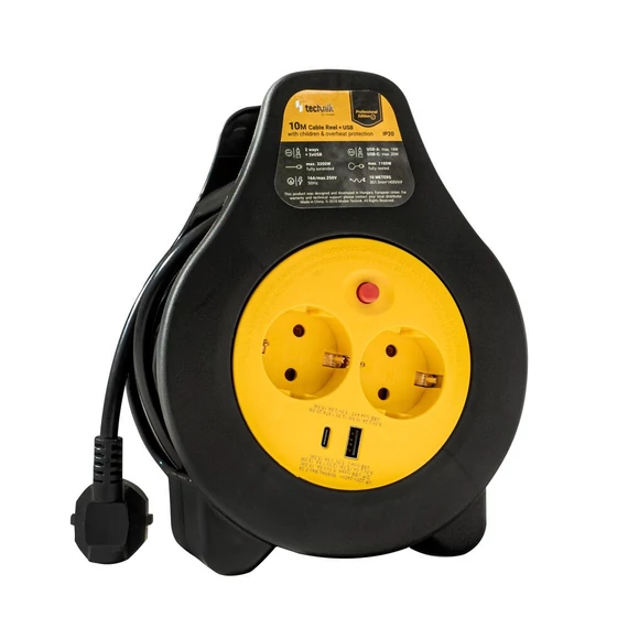 Technik Professional Kábeldob 2 utas 10m +1 x USB-A +1 x USB-C 1,5mm2 16A (MT2K10M1,5-F)