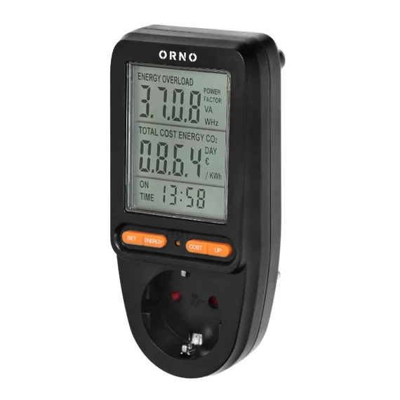 ORNO Digitális fogyasztásmérő, dugaljba dugható, FEKETE 16A, 3680W, LCD kijelző, SCHUKO (OR-WAT-435(GS)/B)