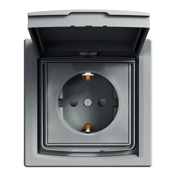 SCHNEIDER ELECTRIC ASFORA 2P+F csatlakozóaljzat, gyermekvédelemmel, csapfedeles - IP44, kerettel, acél (EPH3100362)