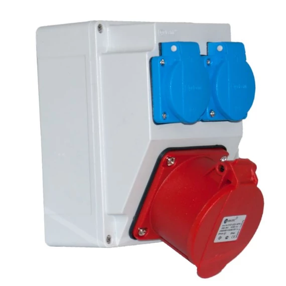 TP ELECTRIC Szerelt ipari doboz 120×170mm IP44 3 fázisú (75x75) aljzat 5x16A 1db+1 fázisú kék aljzat 2 db (3317-200-5000H)