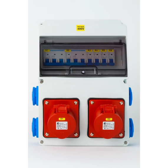TP ELECTRIC Szerelt ipari doboz installációval,220x300mm, 2x(5P16A)+ 4x(2P+F) oldalsó, IP44, kismegszakítóval (3320-004-5500K)