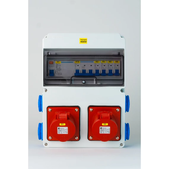 TP ELECTRIC Szerelt ipari doboz installációval,220x300mm, 2x(5P16A)+4x(2P+F) oldalsó, IP44, kismegsz.,fí-relé (3320-004-5500KF)