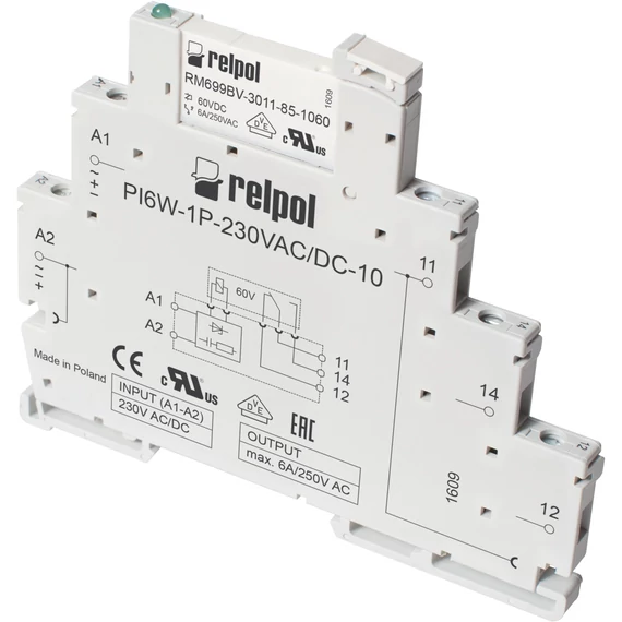 RELPOL PIR6W-1P 230VAC/DC-10 Interfész relé, 230VAC/DC, 1C/O, 6A, szürke (856070)