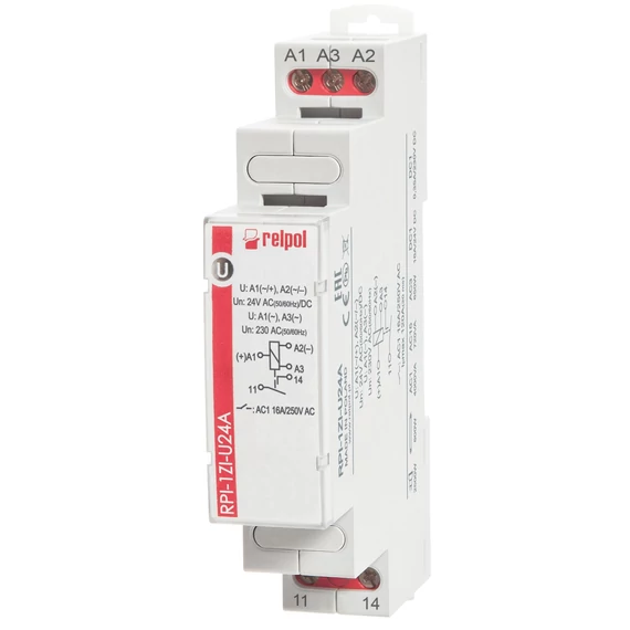 RELPOL RPI-1ZI-U24A Moduláris relé, 16A inrush, 24VAC/DC, 230VAC, 1NO (863377)