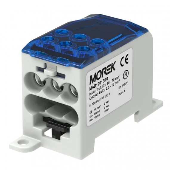 MOREK OJL 200A Elosztóblokk; be:1xAl/Cu10-70; ki: 6xCu 2,5-16mm2, kék (MAB1201B10)
