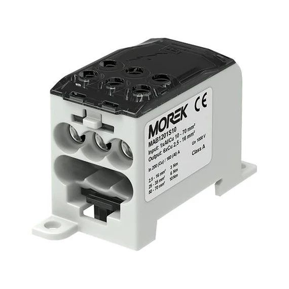 MOREK OJL 200A Elosztóblokk; be:1xAl/Cu10-70; ki: 6xCu2,5-16mm2, szürke (MAB1201S10)