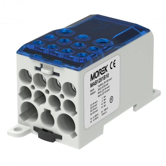 MOREK OJL 280A Elosztóblokk, be:1*Al/Cu120, ki: 2*35/5*16/4*10 mm2, kék (MAB1281B10)