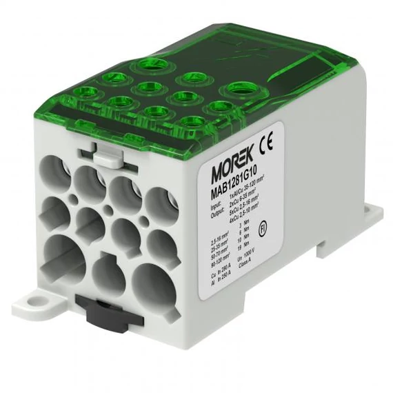 MOREK OJL 280A Elosztóblokk, be:1*Al/Cu120, ki: 2*35/5*16/4*10 mm2, zöld (MAB1281G10)