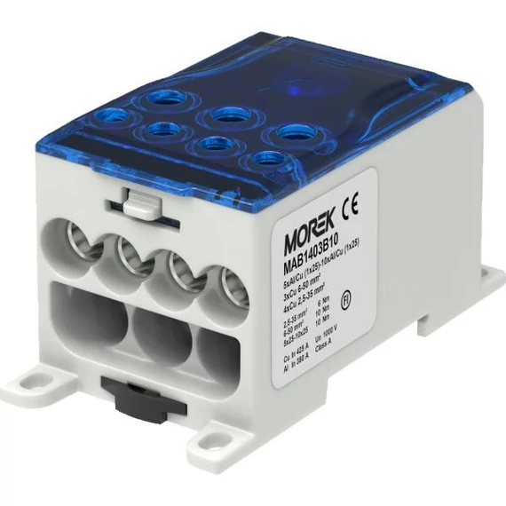 MOREK OJL 400AF Elosztóblokk, be:10*1*25, ki: 4*Cu35/3*Cu50 mm2, kék (MAB1403B10)