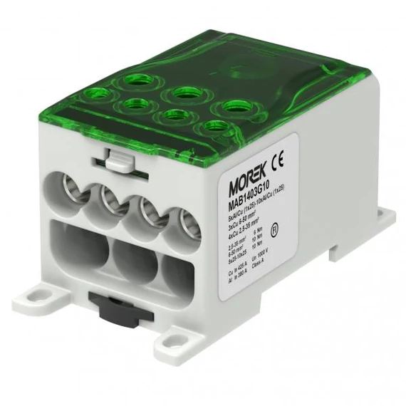 MOREK OJL 400AF Elosztóblokk, be: 10*1*25, ki: 4*Cu35/3*Cu50mm2, zöld (MAB1403G10)