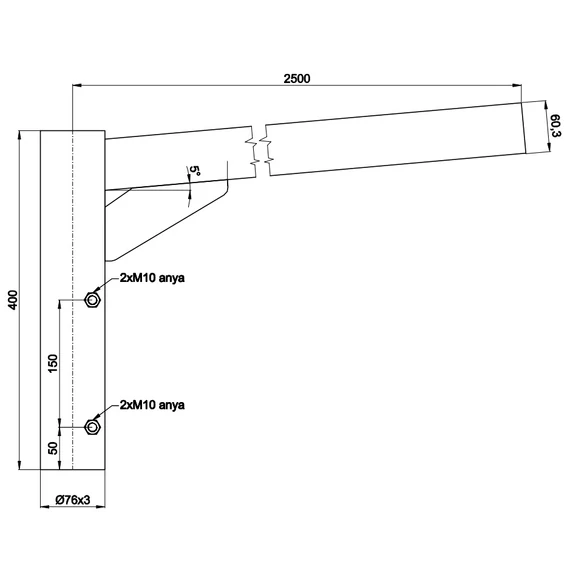 Lámpakar lámpaoszlopra 250 cm benyúlású, 5°-os és Ø60 mm-es csúcsra illeszkedő, 1 ágú, horganyzott (LAMPAKAR250_1)