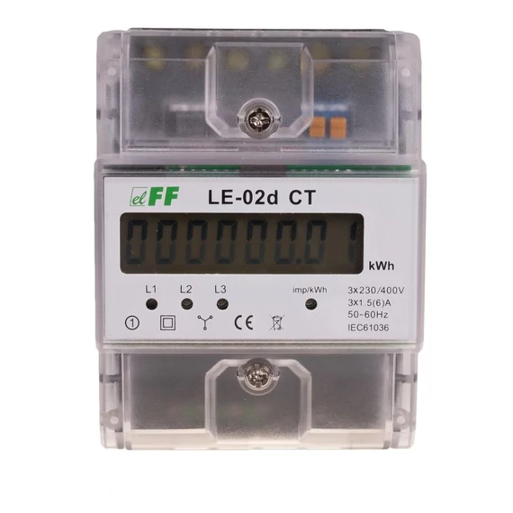 FF FILIPOWSKI LE-02D CT Fogyasztásmérő DIN sínre, 3 fázisú áramváltós, x/5, áttétel: 5-6000, LCD, DIN (LE-02D CT)
