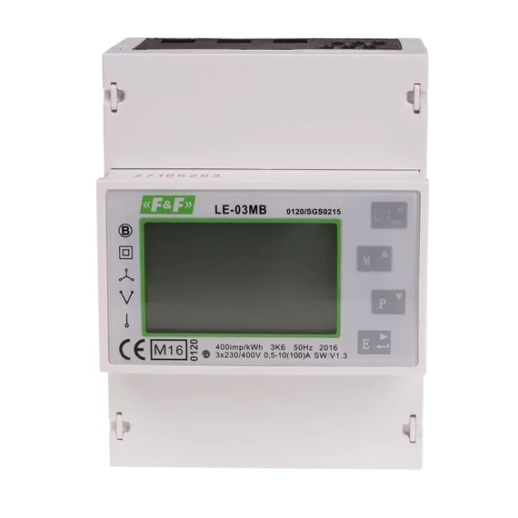 FF FILIPOWSKI LE-03MB Fogyasztásmérő DIN sínre, 3 fázisú, két irányú, MID hiteles, 100A LCD direktmérő 4,5 modul M-BUS (LE-03MB)