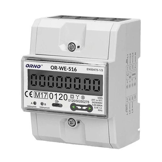 ORNO Digitális fogyasztásmérő, 3 fázisú, 80A, 230V/400V, IP51, LED, 1000imp/kWh, RS485 (OR-WE-516)