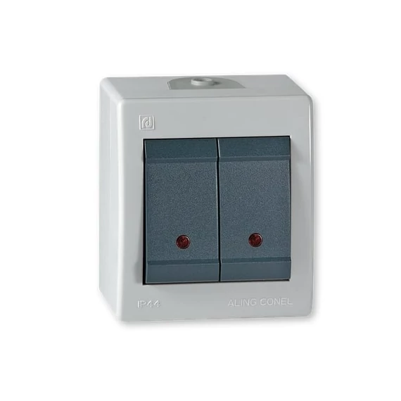 Aling-Conel POWER - 105 kétáramkörös kapcsoló, 10A 250V, IP44, jelzőfényes, szürke/antracit (2521.1A)