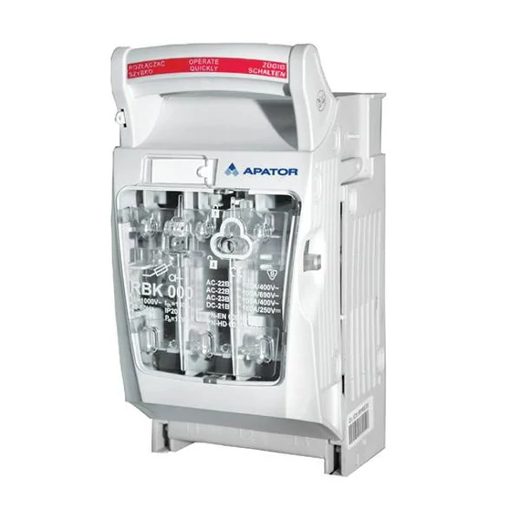 APATOR RBK 000-SD Szakaszoló, késes biztosítós, vízszintes, 3f., 160A, 60mm sínrendszerre, alsó bekötés, S/M csatl. (63-823234-031)