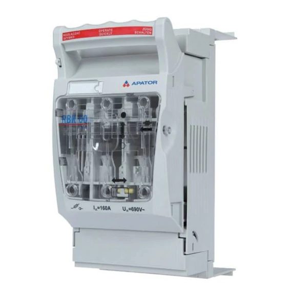 APATOR RBK 00 PRO-SD Szakaszoló, késes biztosítós, vízszintes, 3f., 160A, 60mm sínrendszerre, alsó bekötés, S/M csatl. (63-823259-031)