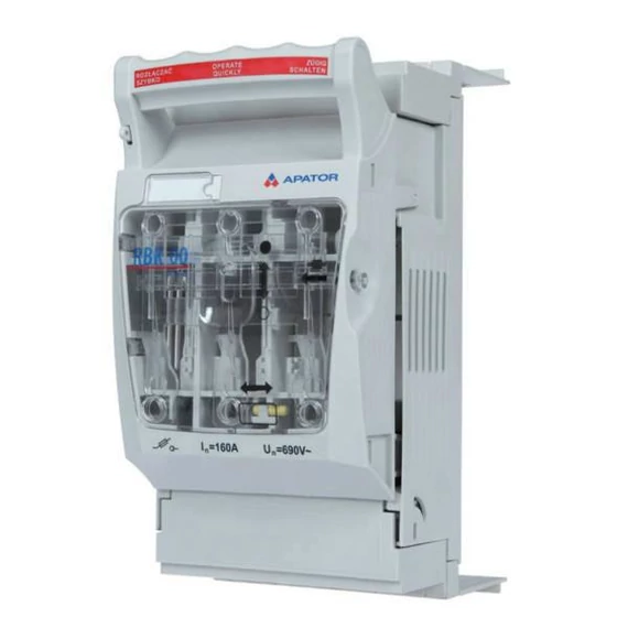 APATOR RBK 00 PRO-SG-M Szakaszoló, késes biztosítós, vízszintes, 3f., 160A, 60mm sínrendszerre, felső bekötés, M csatl. (63-823259-121)