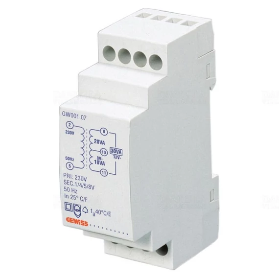 GEWISS CSENGŐTRANSZFORMÁTOR 5VA 230/4+8=12V 2 M (GW96421)