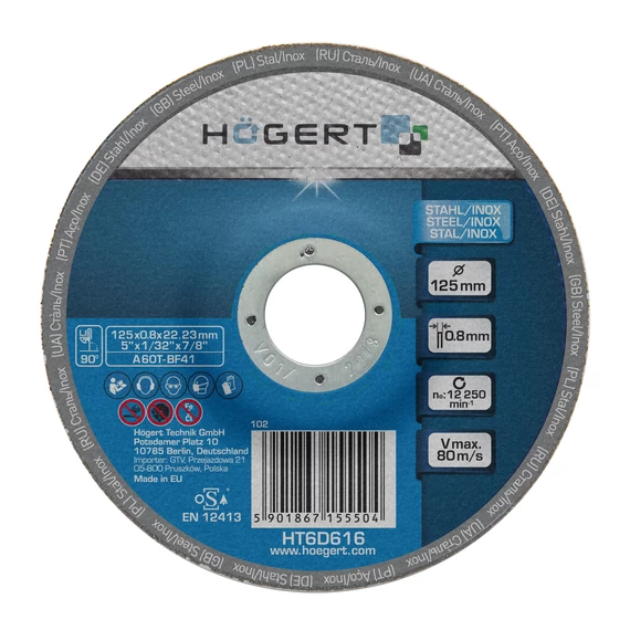 HÖGERT Vágókorong (fémhez / inoxhoz), 125 x 0,8 x 22,23 mm (HT6D616)