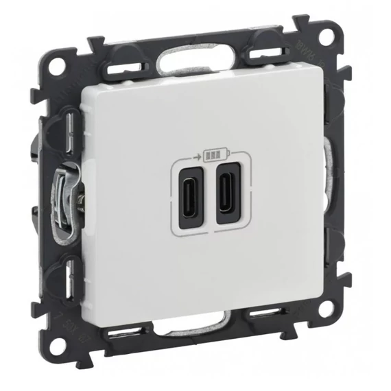 LEGRAND Valena Life Töltőaljzat Kettős USB C-típusú csatlakozóval, 5V–3A–15W, Túlfesz-védelem >1kW, Class II SELV, Fehér (753107)