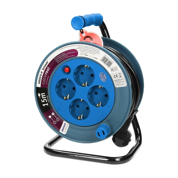 ORNO Kábeldobos hosszabbítók, 4x250V/AC, max.2500W, 15m kábel, SCHUKO, türkiz (OR-AE-1339/T(GS))