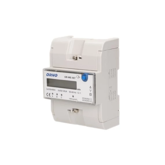 ORNO Digitális fogyasztásmérő, 3 fázisú, 120A, 230V/400V, IP20, 1000 imp / kWh (OR-WE-507)