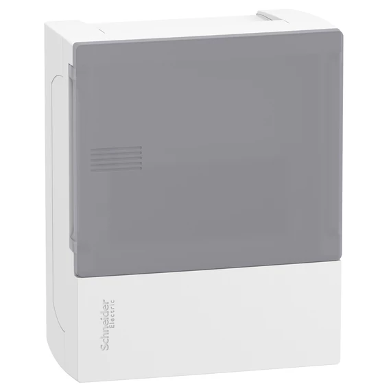 SCHNEIDER ELECTRIC RESI9 MP Kiselosztó, tejüveg hatású átlátszó ajtó, falon kívüli, 1x6 modul, PEN sín, fehér (MIP12106T)