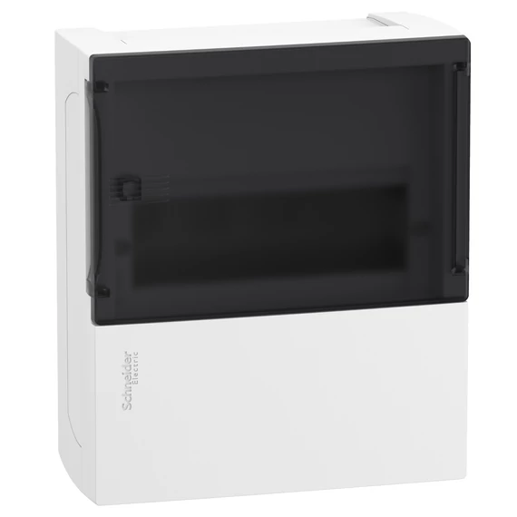 SCHNEIDER ELECTRIC RESI9 MP Kiselosztó, füstszínű átlátszó ajtó, falon kívüli, 1x8 modul, PEN sín, komplett, fehér (MIP12108S)